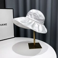 White satin sun hat with sparkling rhinestones and wide pleated brim on a stand - M (56-58cm) / White