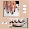 Detail view of long coffin nails featuring brown French tips with white butterfly and star patterns - W039 Coffee Butterfly