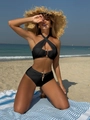 Sexy black bikini set with snake-shaped metal charm and high-waisted wrap design - S / Black