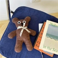 Brown teddy bear plush toy made of bouclé fabric with a white Mini Bear ribbon - 24cm Brown Plush Doll