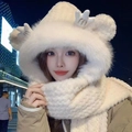 Creamy white plush 3-in-1 hooded scarf set with cute bear ears and antler details - Embossed 3-piece Set / Apricot