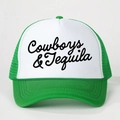 Green and white trucker hat with Cowboys & Tequila print and breathable mesh back - One Size / Green