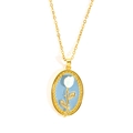 Golden necklace with a sky blue oval oil painting rose pendant and elegant white flowers - Tulip Necklace-Gold 0247
