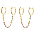 Golden double hoop earrings with colorful rainbow zircon chain for multiple piercings - 24K / Rainbow Stones Linked Hoops (JQH0058-GG-1)