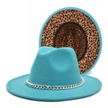 Teal fedora hat with silver chain and leopard print lining on flat brim wool felt - M(56-58cm) / Lake Blue