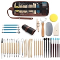 Clay sculpting tool set with wooden and metal pieces in a canvas roll-up storage bag - 40-piece Clay Tool Set / Pencil Case