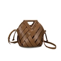 Brown woven leather bucket bag with triangle top handle and detachable shoulder strap - Caramel color