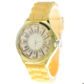 Detailed front view of bright yellow silicone strap watch with golden alloy round case - Yellow