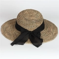 Elegant wide brim straw sun hat with black ribbon bow for beach sun protection - 57cm (Adjustable) / Natural Grass Color (As Shown)
