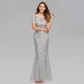 Detailed view of leaf pattern sequins and sheer mesh mermaid hem on grey evening gown - US size 4 / Gray