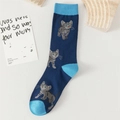Navy blue crew socks featuring gray tabby cat patterns and light blue contrast heels - No. 01-Navy Tabby Cat