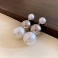 Detail showing elegant white pearl drop earrings with silver metal balls and studs - Mixed Size Pearl Metal Ball Drop (Silver Earring Post)