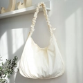Minimalist cream white nylon shoulder bag with elegant ruched scrunchie strap design - Off White