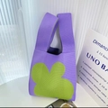Purple knitted tote bag with light green flower pattern, stylish handheld crochet purse - Purple Clover