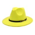 Detail of neon yellow wool fedora hat featuring a black leather band and gold metal buckle - M (56-58cm) / Neon Yellow