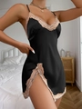 Damen Satin-Nachthemd in Schwarz mit rosa Spitze und verführerischem V-Ausschnitt - S / Schwarz