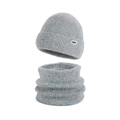 Winter fleece-lined knit beanie and neck warmer set in blue-gray with logo detail - Two-Piece Set / Mixed Blue