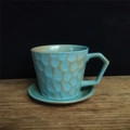 Japanese style light blue ceramic coffee cup and saucer set with brown scales - Knife-cut Textured Coffee Cup And Saucer - Plain Blue 350ml / Universal
