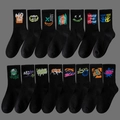 Men's black cotton sports socks with various colorful street style graffiti patterns - 15 Pairs (Black Mix - 1 Pair per Style)