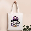 White Halloween canvas tote bag with Momster print and spooky skull pumpkin motifs - MOMSTER Print
