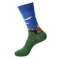 Royal blue and green mid-calf crew socks featuring pixelated landscape embroidery - 1200-Castle