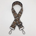 Ethnic embroidered wide bag strap with silver and gold floral patterns and black hooks - Black Brown Gunmetal Hook