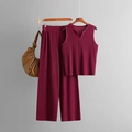 Summer knit two-piece set featuring V-neck sleeveless top and wide-leg trousers in wine red - One Size / Wine Red