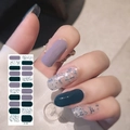 Adhesive nail art stickers in purple and dark green with silver glitter, model SS-089 - Purple Green Silver Glitter Style (SS-089)