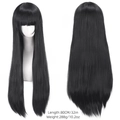 Front and back view of 80cm black long straight cosplay wig with bangs and size specs - Black with Blunt Bangs