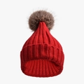 Solid red knit beanie with a brown faux fur pom-pom for winter warmth and comfort - Kids (50-54cm) / Red