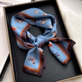 Light blue silk scarf with equestrian horse print in a luxury black and gold gift box - Roaming Horse - Azure Blue