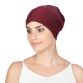 Detail of burgundy pleated chemo turban hat made of soft elastic knit fabric - Burgundy
