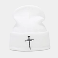 White knitted cuffed beanie with black nail cross embroidery for a vintage aesthetic style - M (56-58cm) / White