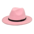 Detailed view of a pink wool fedora hat with black studded band and gold metal ring - M (56-58cm) / Pink