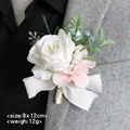 European white rose groom boutonniere with pink flowers and grey ribbon, size 9x12cm - White - Boutonniere