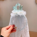 Cerchietto con corona azzurra glitterata con perle e velo a stelle per bimba - Blu