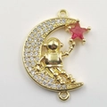 Gold star and moon astronaut necklace pendant with white and pink zircon stones - Astronaut Star Moon Gold Pendant