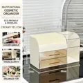 Cream yellow cosmetic organizer with two clear drawers and rose gold handles - Large Capacity with Side Compartment Drawer Style / Cream White