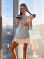 Γαλάζιο βαμβακερό oversized t-shirt με σχέδιο κρουασάν και ροζ φιόγκο - S / Γαλάζιο