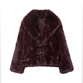 Women's faux fur short coat in deep wine red featuring lapel collar and golden buckles - XS / Burgundy