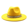 Detail of yellow wool fedora hat featuring a stylish snakeskin band and gold metal buckle - M (56-58cm) / Yellow