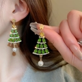 Elegant Christmas tree earrings with green crystals, gold stars and pearl tassels - 67# Stud Earrings-Green-Rhinestone Christmas Tree