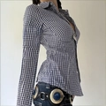 Slim fit long sleeve shirt featuring a dark blue and white plaid pattern for women - Blue
