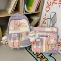 Purple and beige school backpack set with pins and plush charms for teen girls - 2-Piece Set (Backpack + Shoulder Bag) with Accessories / Purple