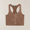 Vintage brown washed knit tank top with front buttons and retro distressed texture - S / Mustang Brown
