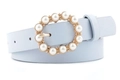 Ceinture en similicuir bleu clair avec boucle ronde dorée ornée de perles élégantes - Largeur 2.3 Longueur Totale 107cm / Bleu ciel