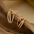 Sparkling S925 silver butterfly earrings with white zircon on natural wooden branch - 925 Silver / 18K Gold (with Silver Earplug)