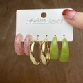 Set of 3 earrings with pink and green marble resin rings and golden metal hoops - 3-Pair Set - Pink Green Marble Texture