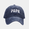 Close-up of PAPA 3D embroidery with fishing motifs on navy washed cotton baseball cap - Navy Blue