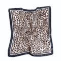 Leopard print square satin silk scarf with black and white borders on white background - Black Leopard